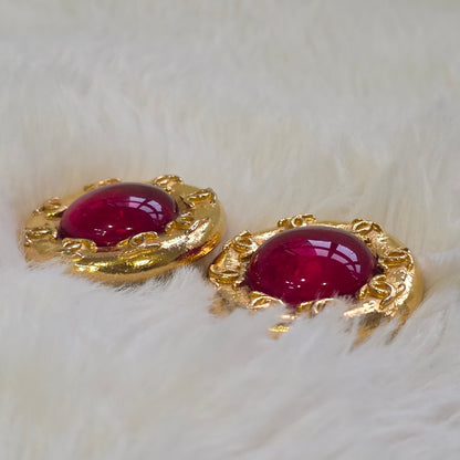 Chanel Vintage CC Logo Red Gripoix Cabochon Round Clip-On Earrings (Pre-Owned)