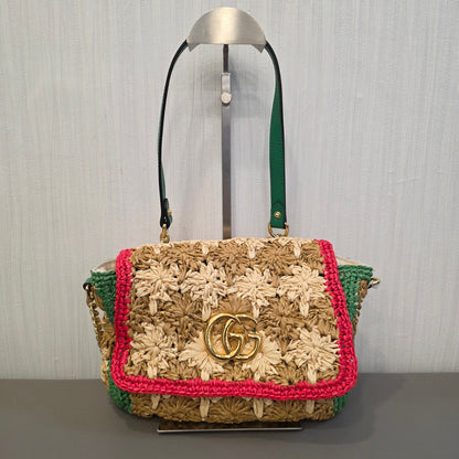 Gucci GG Marmont Raffia Floral Shoulder Bag with Leather Trim (Pre-Owned)