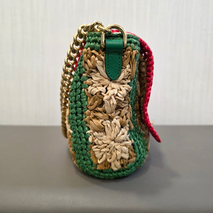 Gucci GG Marmont Raffia Floral Shoulder Bag with Leather Trim (Pre-Owned)