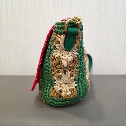 Gucci GG Marmont Raffia Floral Shoulder Bag with Leather Trim (Pre-Owned)