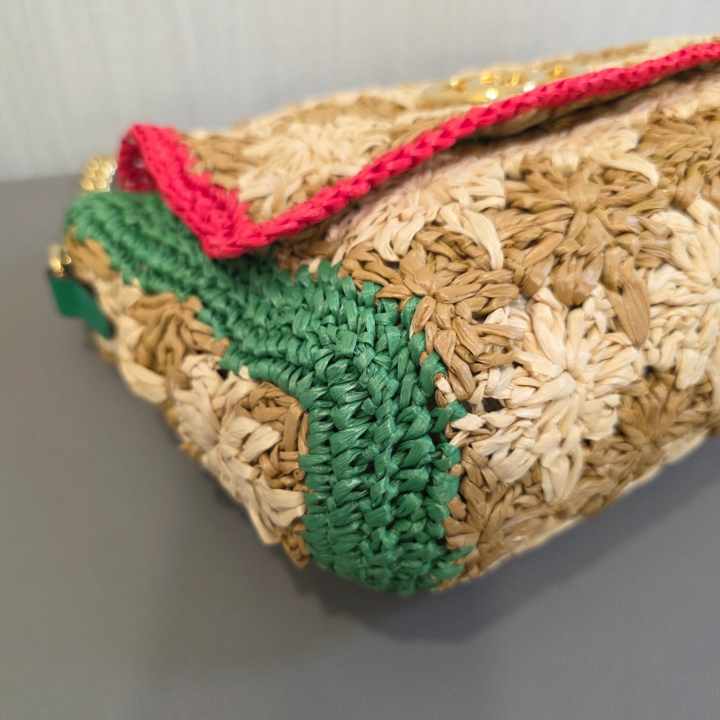 Gucci GG Marmont Raffia Floral Shoulder Bag with Leather Trim (Pre-Owned)