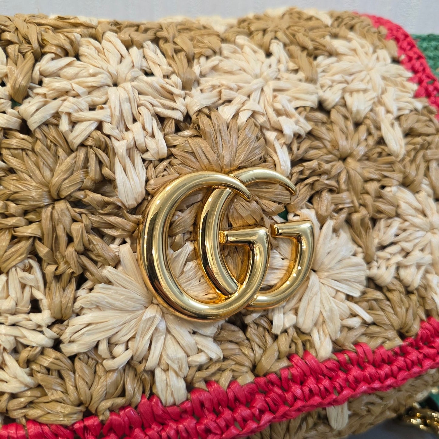 Gucci GG Marmont Raffia Floral Shoulder Bag with Leather Trim (Pre-Owned)