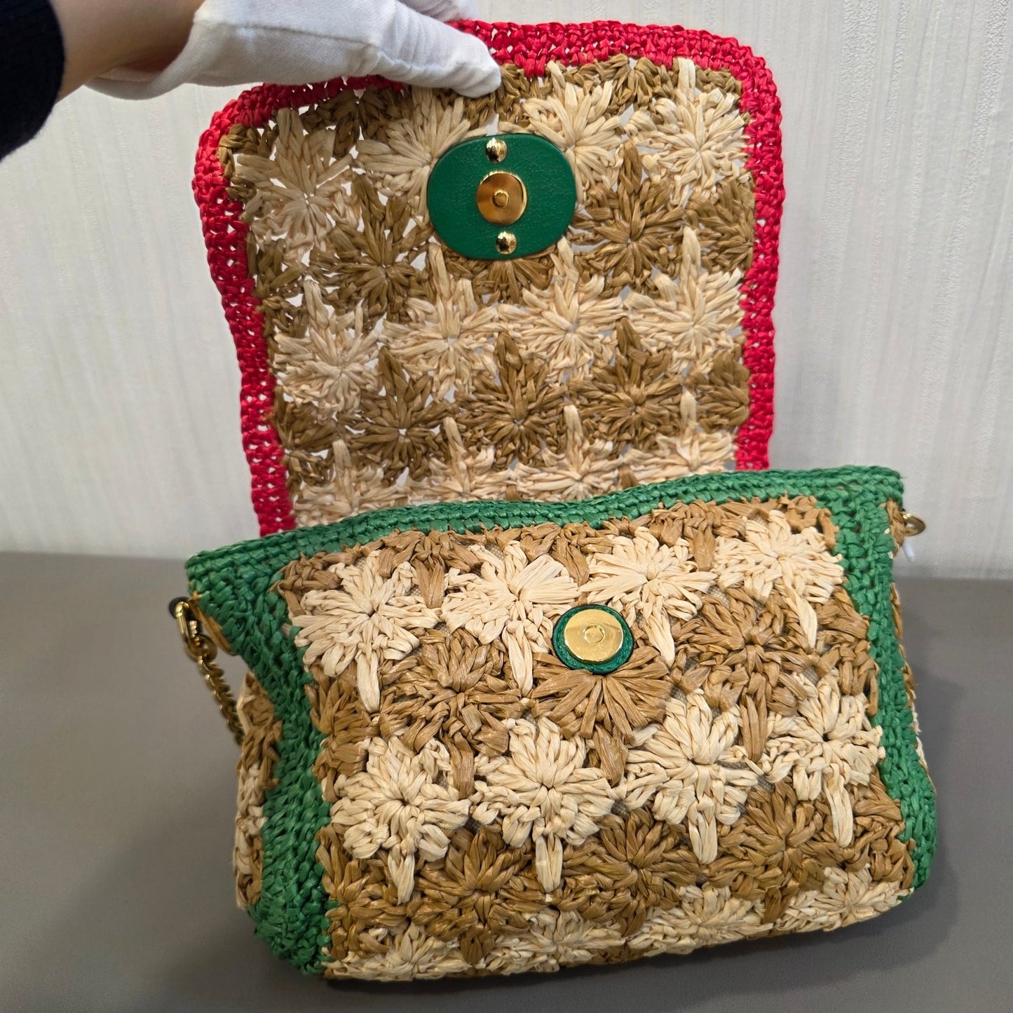 Gucci GG Marmont Raffia Floral Shoulder Bag with Leather Trim (Pre-Owned)