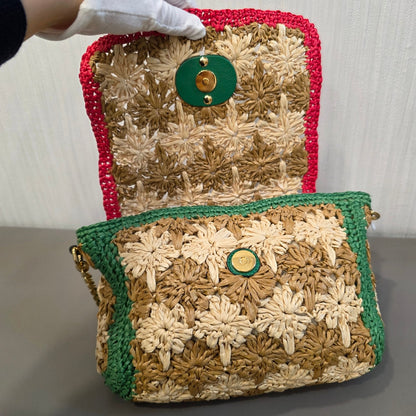 Gucci GG Marmont Raffia Floral Shoulder Bag with Leather Trim (Pre-Owned)
