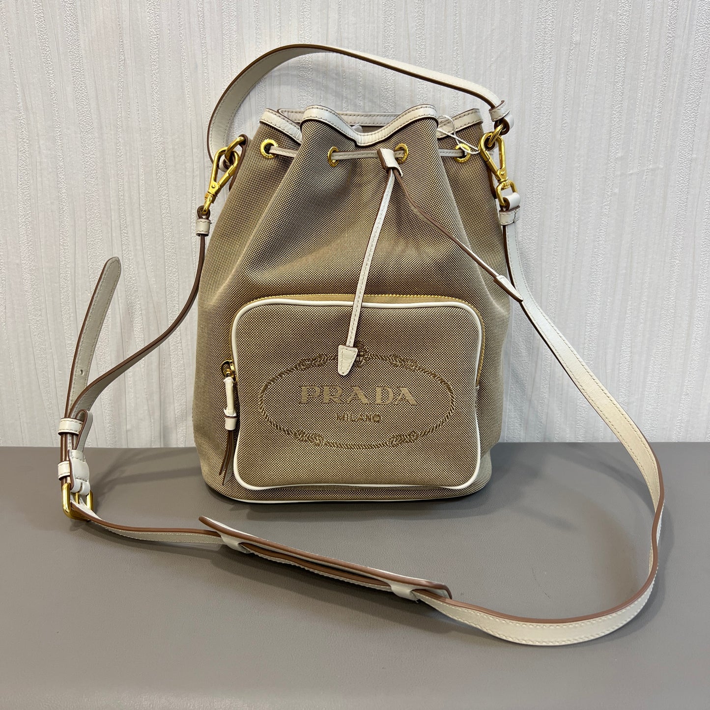 Prada Canvas Drawstring Bucket Bag with Front Logo Pocket (Pre-Owned)