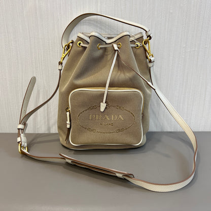 Prada Canvas Drawstring Bucket Bag with Front Logo Pocket (Pre-Owned)