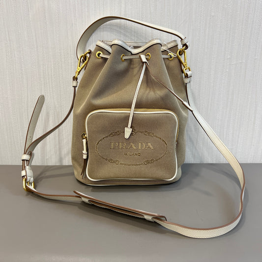 Prada Canvas Drawstring Bucket Bag with Front Logo Pocket (Pre-Owned)