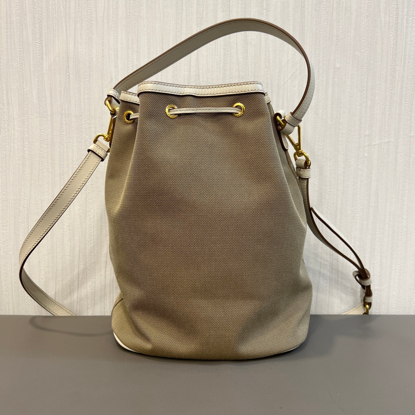 Prada Canvas Drawstring Bucket Bag with Front Logo Pocket (Pre-Owned)