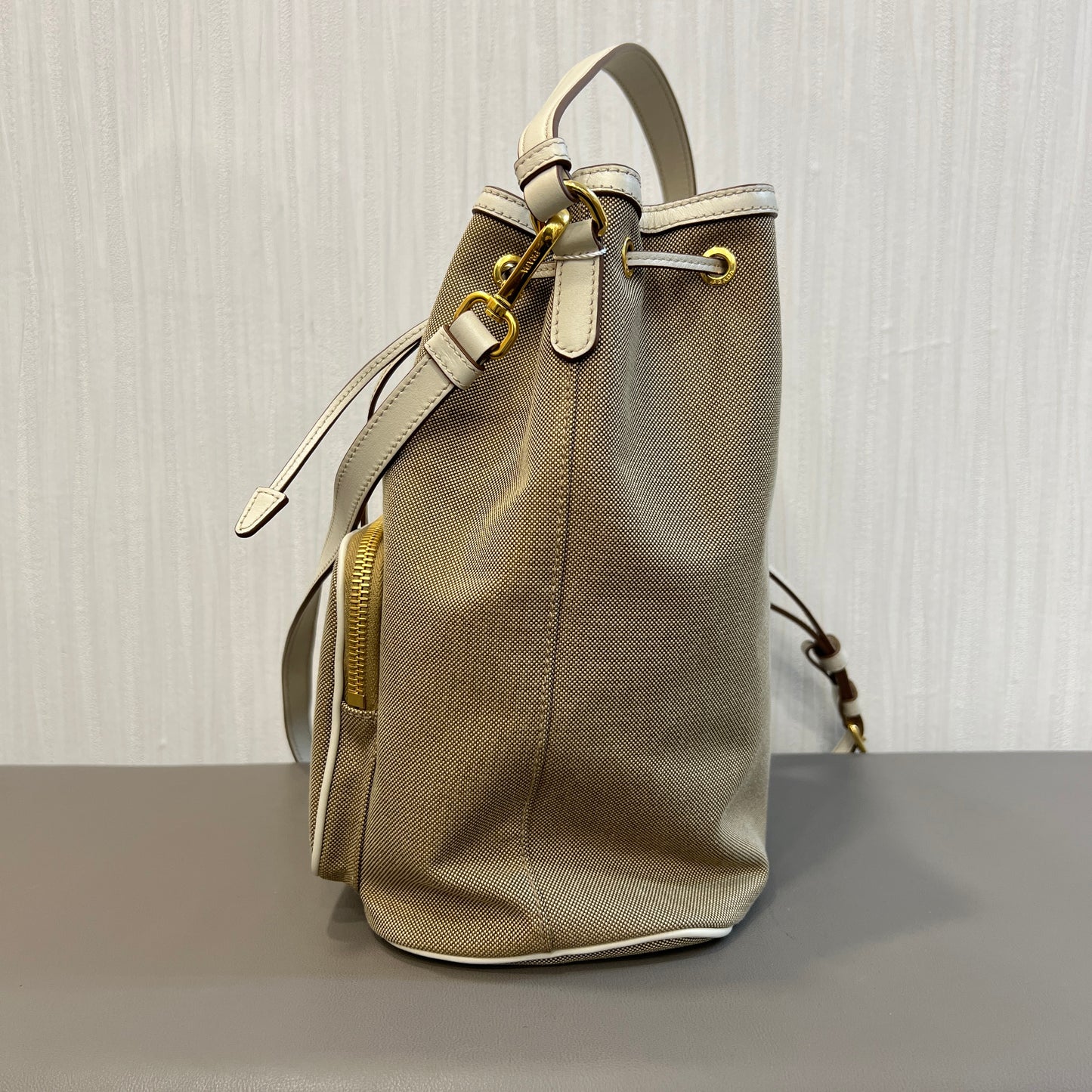 Prada Canvas Drawstring Bucket Bag with Front Logo Pocket (Pre-Owned)