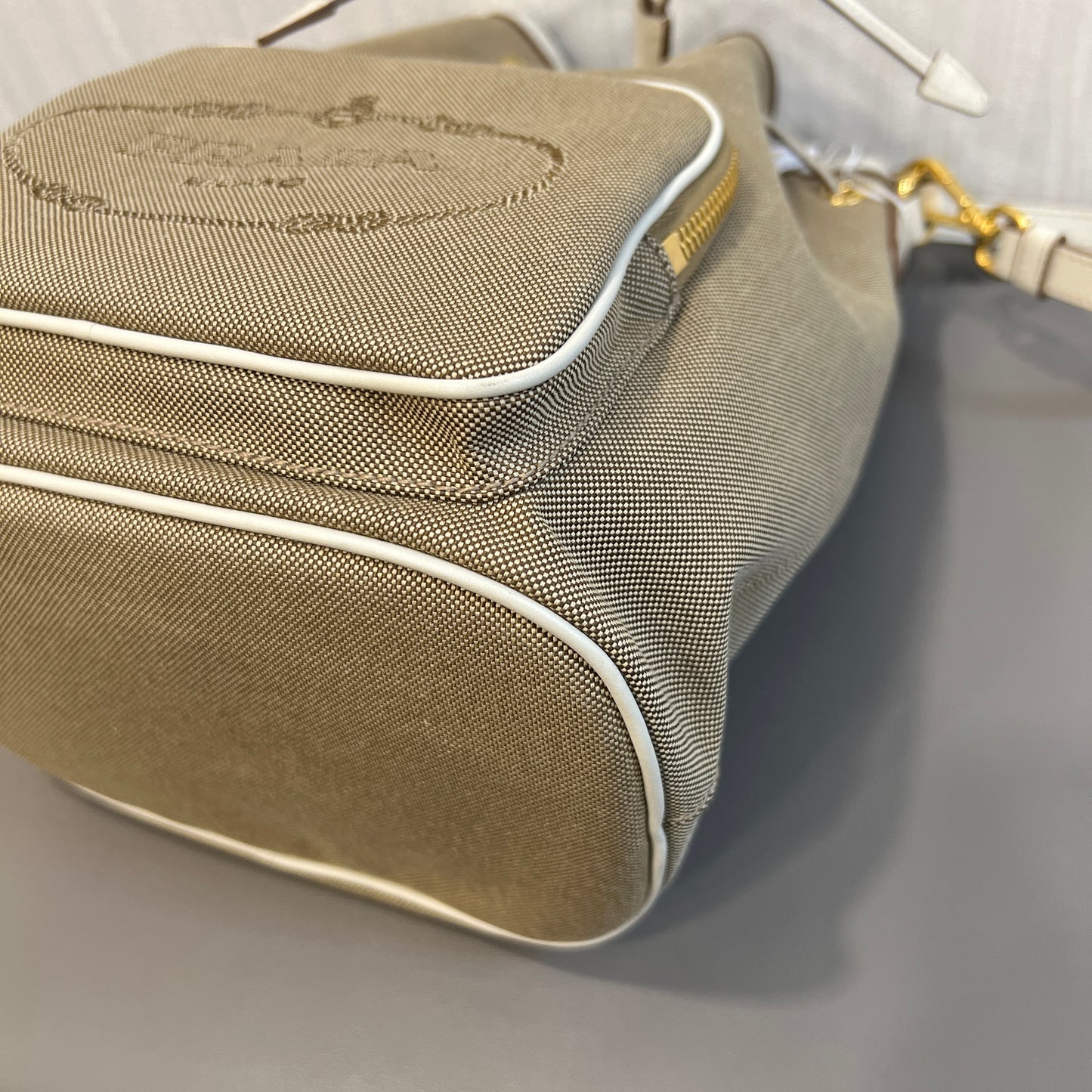 Prada Canvas Drawstring Bucket Bag with Front Logo Pocket (Pre-Owned)