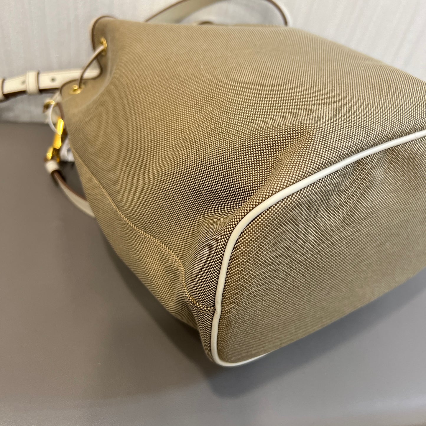 Prada Canvas Drawstring Bucket Bag with Front Logo Pocket (Pre-Owned)