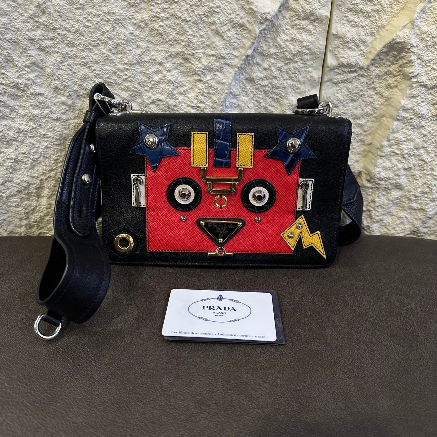 Prada Robot Appliqué Flap Shoulder Bag in Black Leather with Multicolor Patches (Pre-owned)