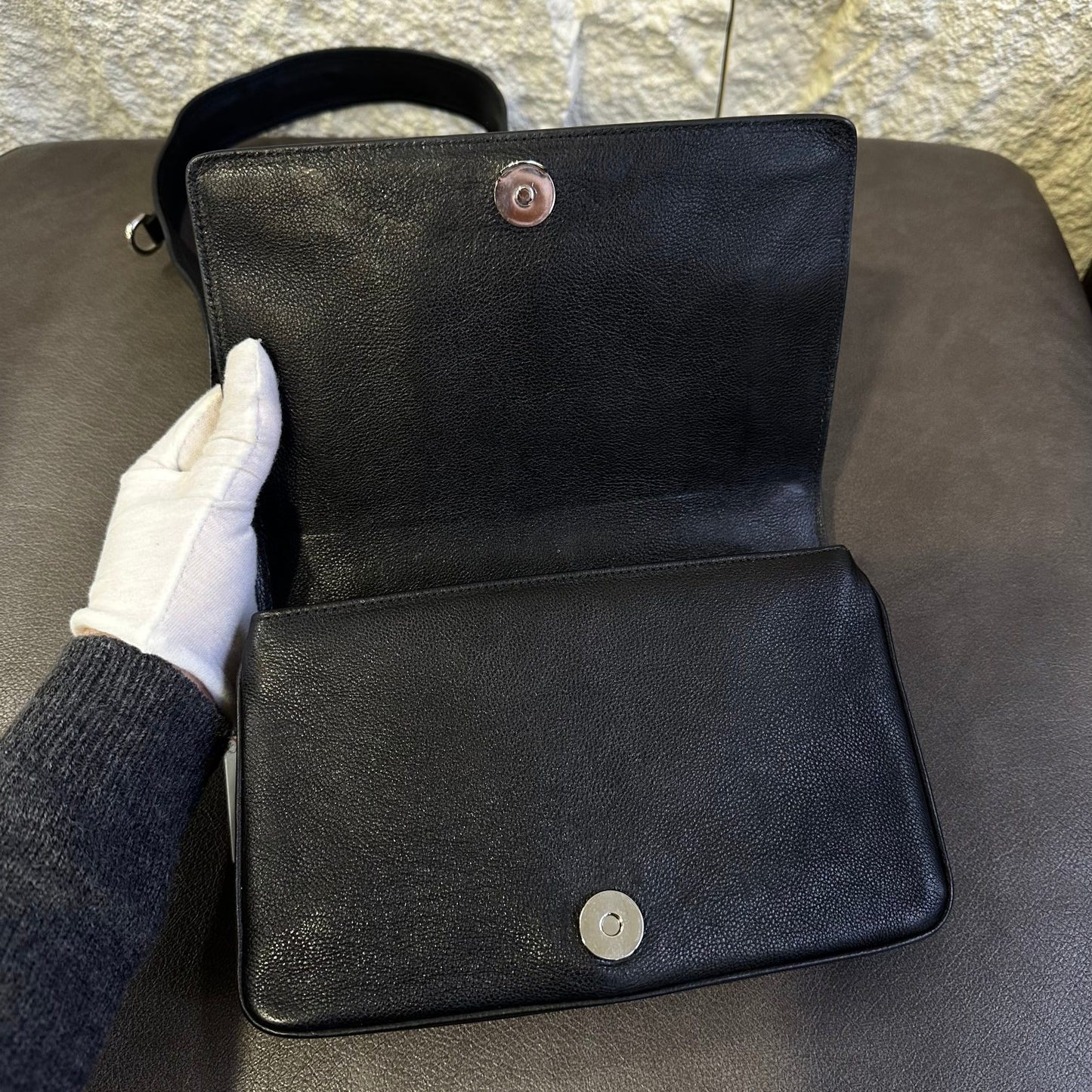 Prada Robot Appliqué Flap Shoulder Bag in Black Leather with Multicolor Patches (Pre-owned)