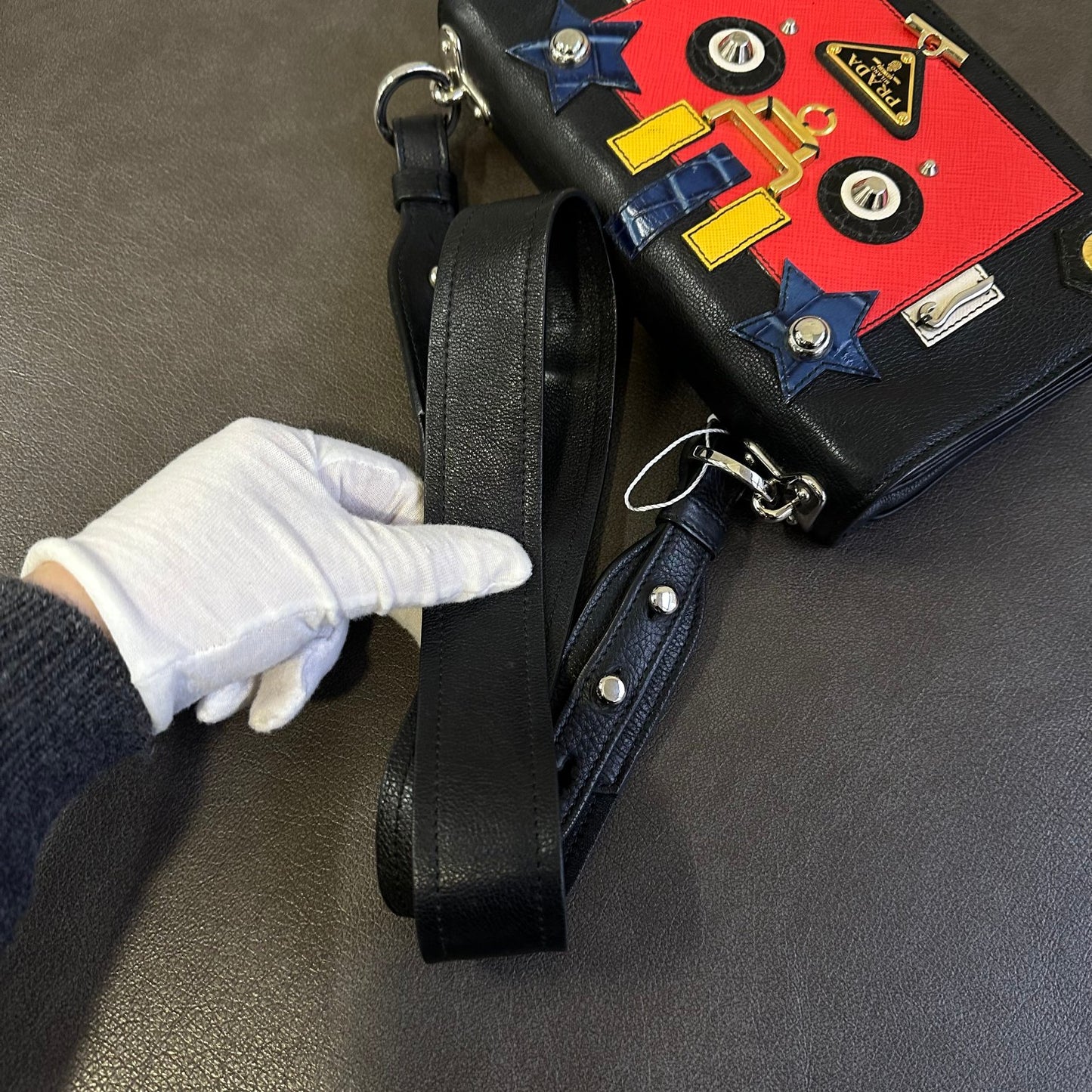 Prada Robot Appliqué Flap Shoulder Bag in Black Leather with Multicolor Patches (Pre-owned)