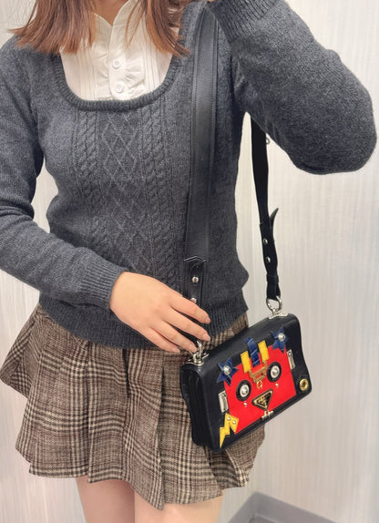 Prada Robot Appliqué Flap Shoulder Bag in Black Leather with Multicolor Patches (Pre-owned)