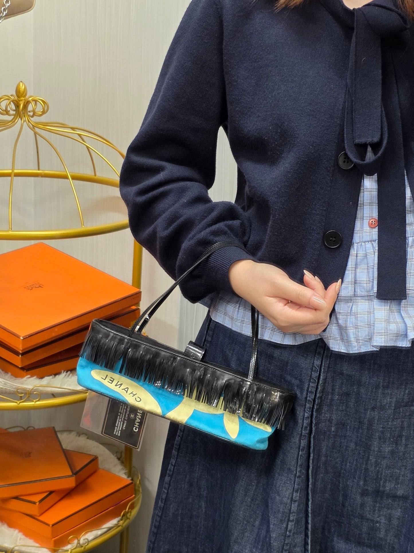Chanel Fringe Canvas Shoulder Bag Blue (Pre-Owned)