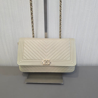 Chanel Boy Chevron Quilted Flap Bag Beige (Pre-Owned)