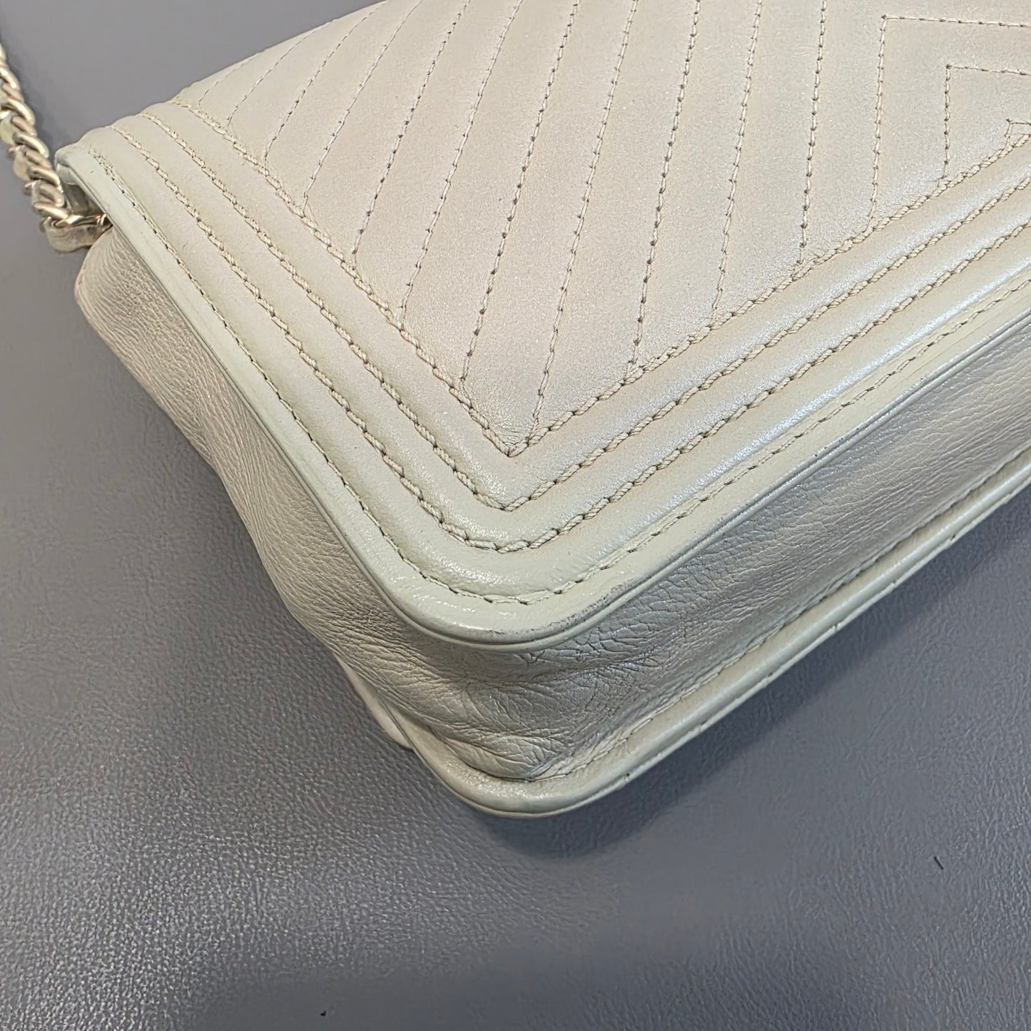 Chanel Boy Chevron Quilted Flap Bag Beige (Pre-Owned)