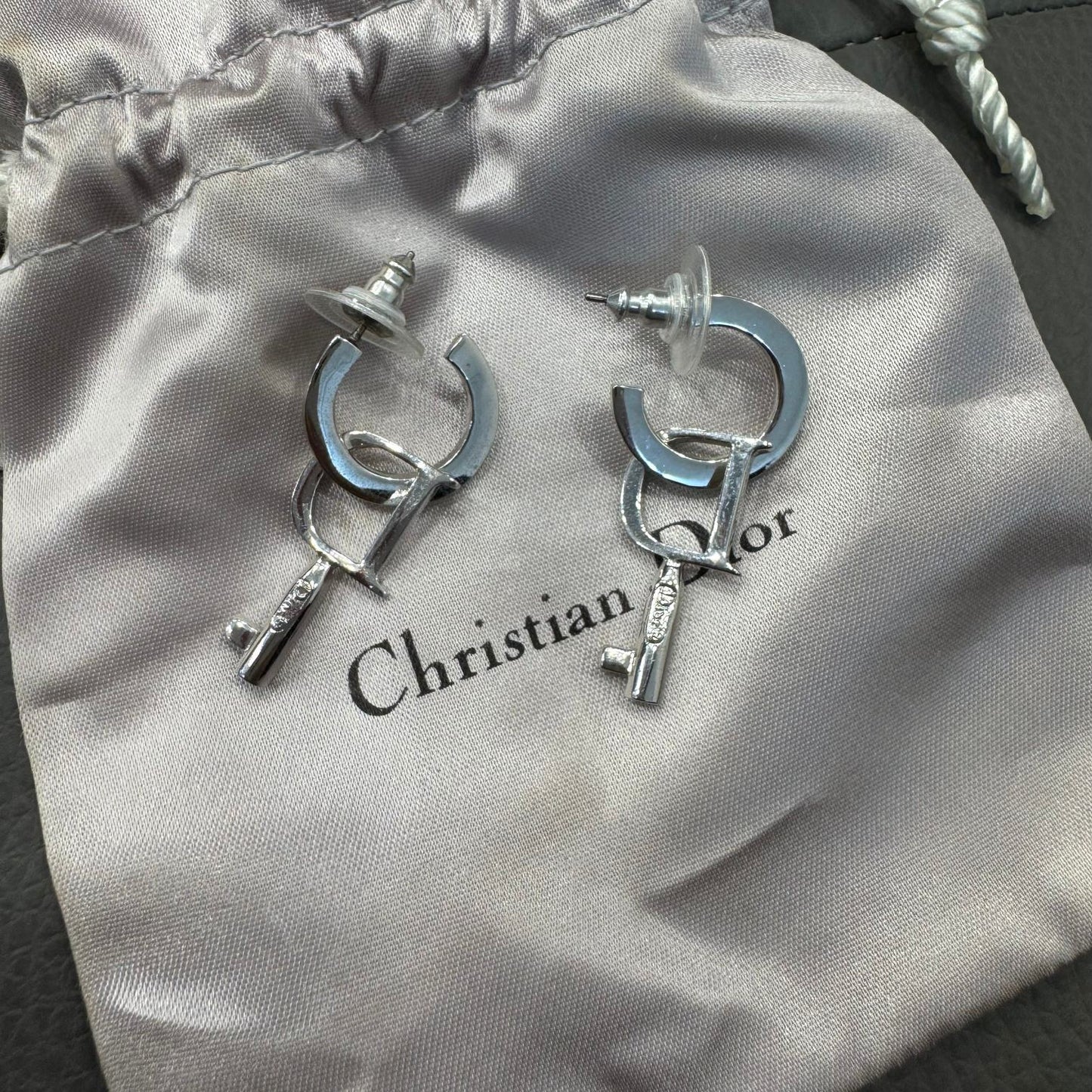 Christian Dior CD Logo Hoop Drop Earrings Silver (Pre-Owned)