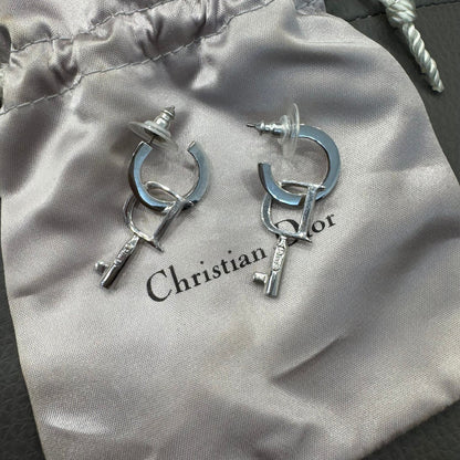 Christian Dior CD Logo Hoop Drop Earrings Silver (Pre-Owned)