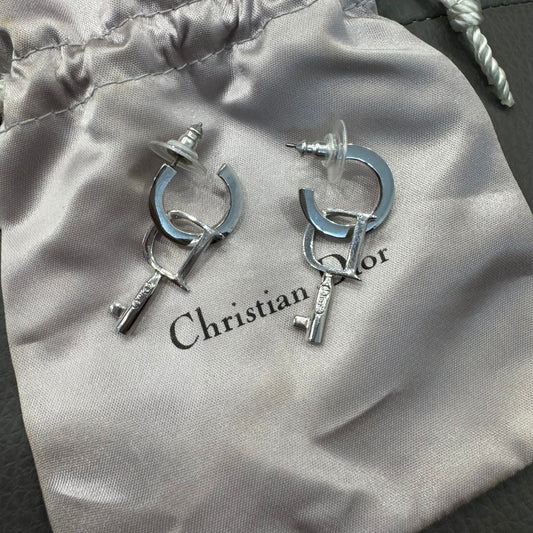Christian Dior CD Logo Hoop Drop Earrings Silver (Pre-Owned)