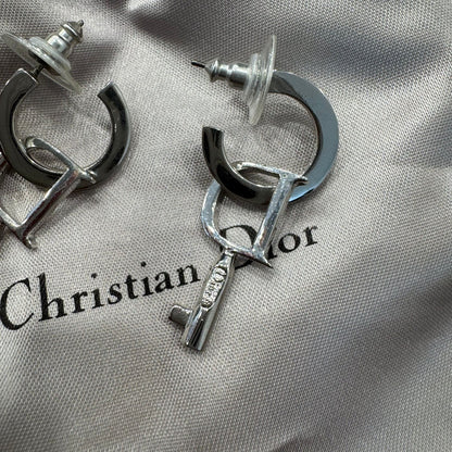 Christian Dior CD Logo Hoop Drop Earrings Silver (Pre-Owned)