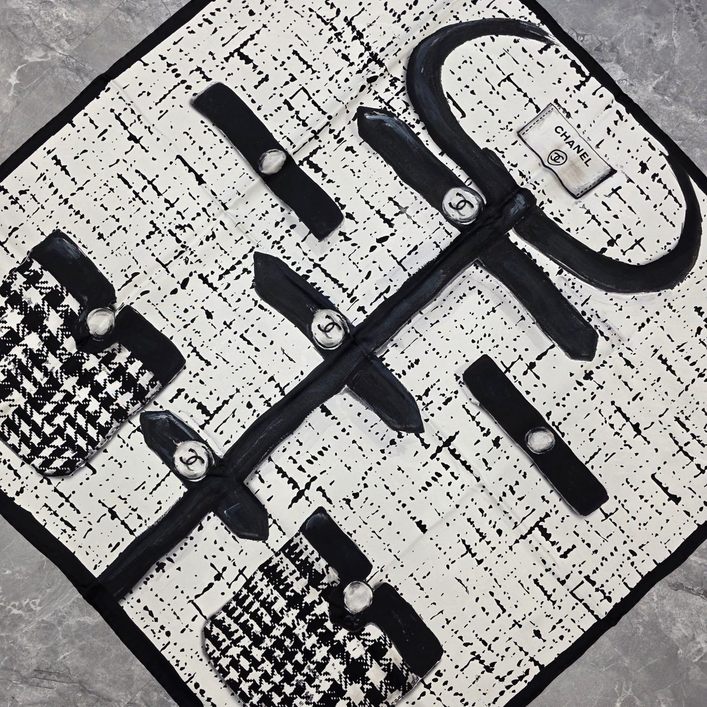 Chanel Graphic Silk Scarf Black and White (Pre-Owned)