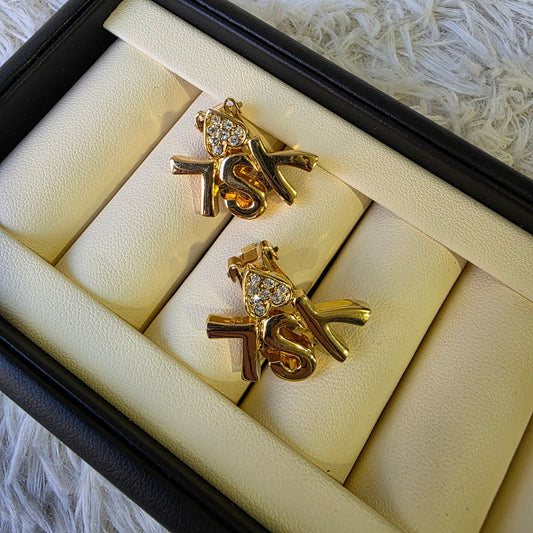Yves Saint Laurent YSL Logo Heart Crystal Clip Earrings Gold (Pre-Owned)