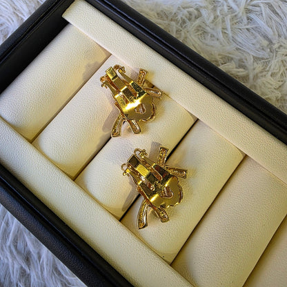 Yves Saint Laurent YSL Logo Heart Crystal Clip Earrings Gold (Pre-Owned)