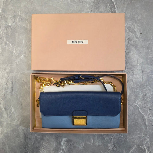 Miu Miu Two-Tone Leather Chain Wallet Shoulder Bag Blue (Pre-Owned)