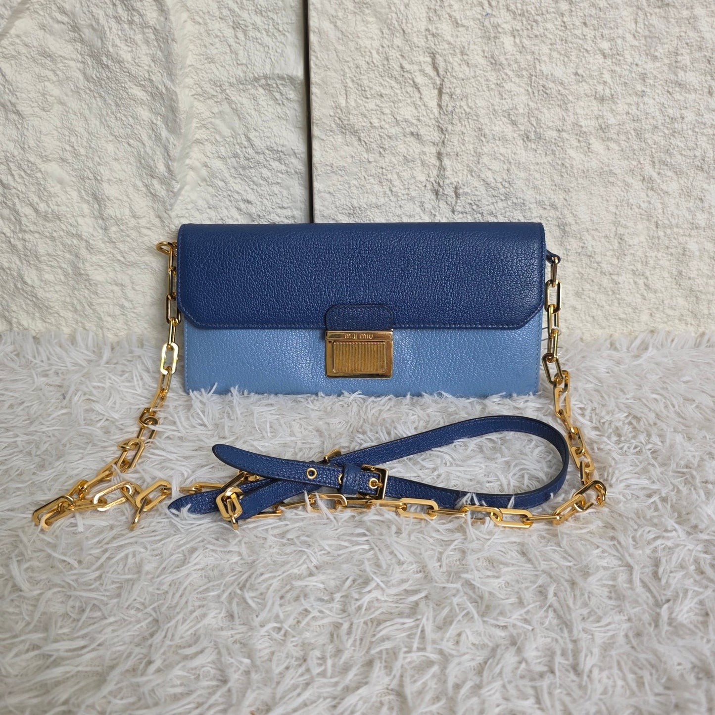 Miu Miu Two-Tone Leather Chain Wallet Shoulder Bag Blue (Pre-Owned)