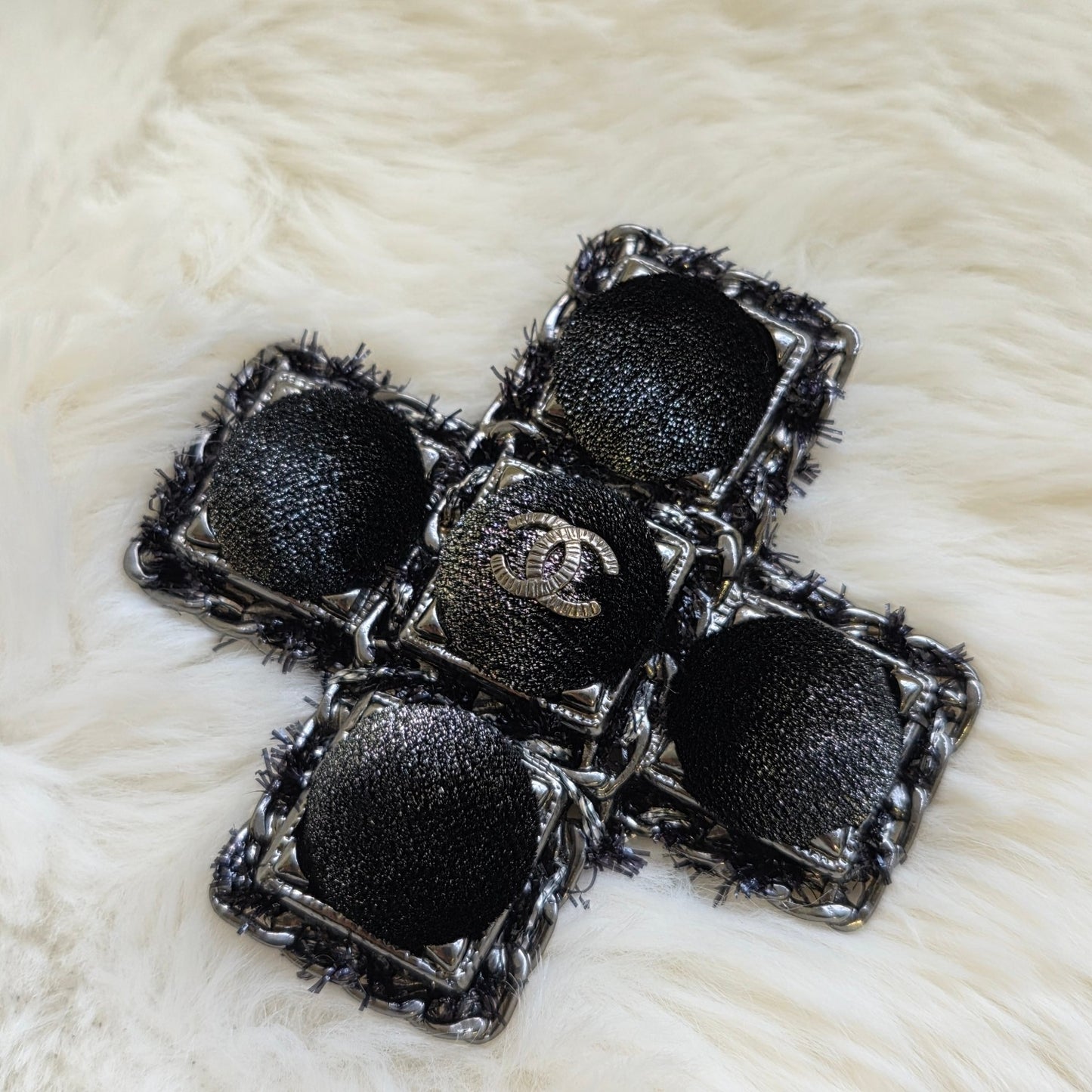 CHANEL CC Cross Tweed & Leather Brooch Silver Black (Pre-Owned)