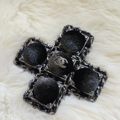 CHANEL CC Cross Tweed & Leather Brooch Silver Black (Pre-Owned)