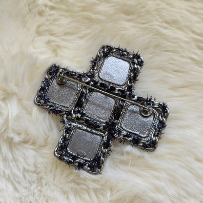 CHANEL CC Cross Tweed & Leather Brooch Silver Black (Pre-Owned)