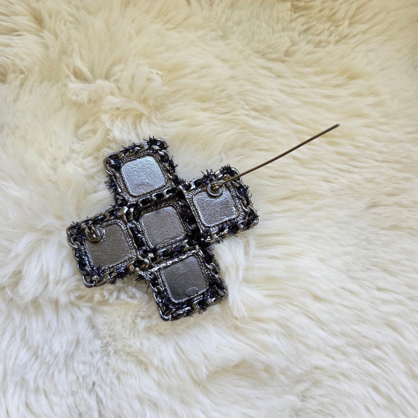 CHANEL CC Cross Tweed & Leather Brooch Silver Black (Pre-Owned)