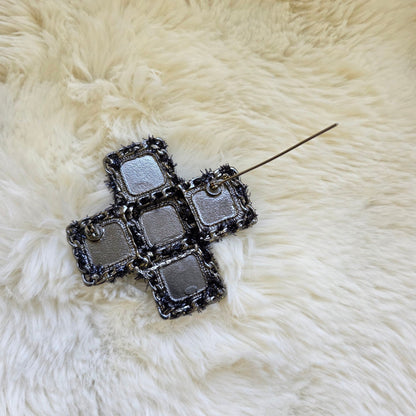 CHANEL CC Cross Tweed & Leather Brooch Silver Black (Pre-Owned)