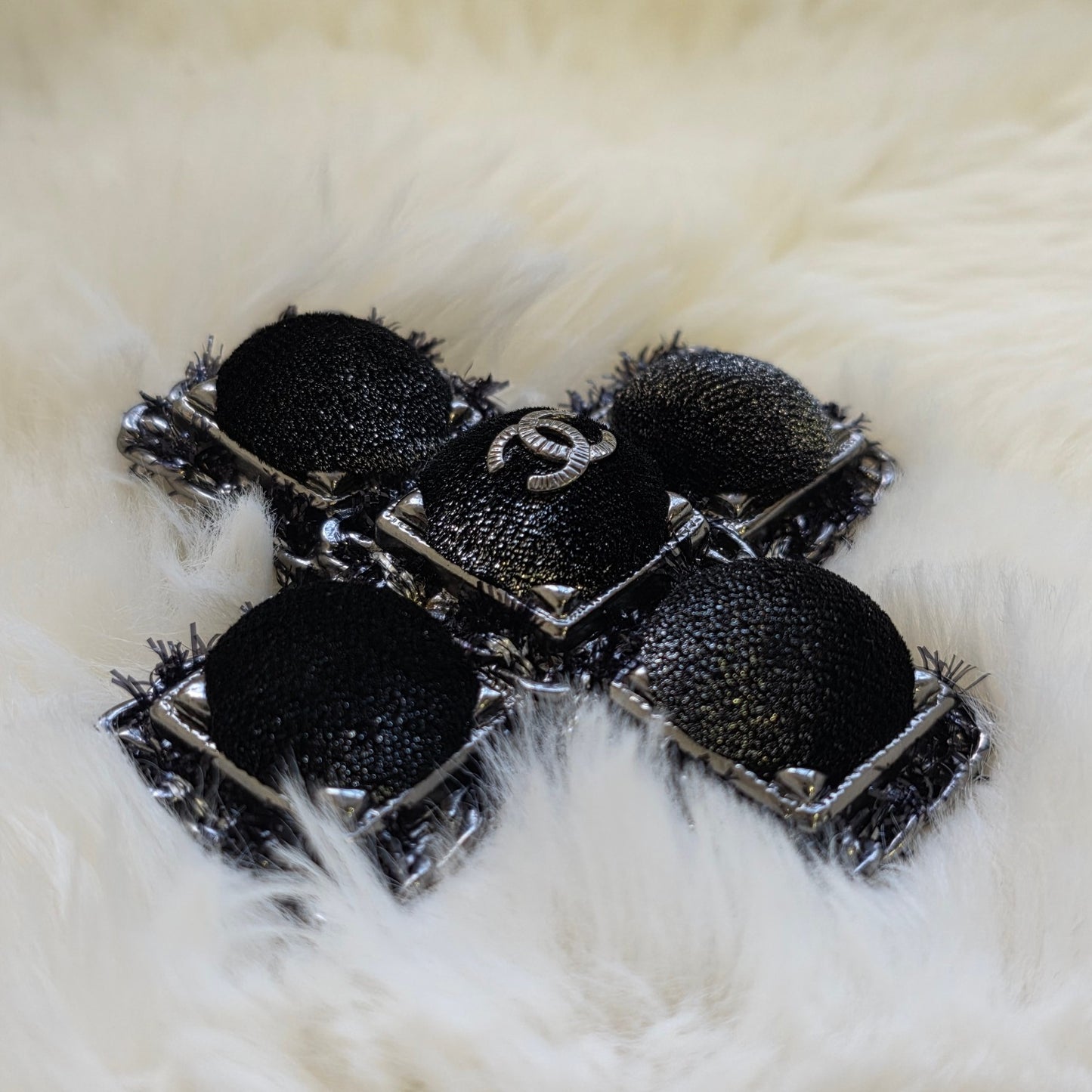 CHANEL CC Cross Tweed & Leather Brooch Silver Black (Pre-Owned)