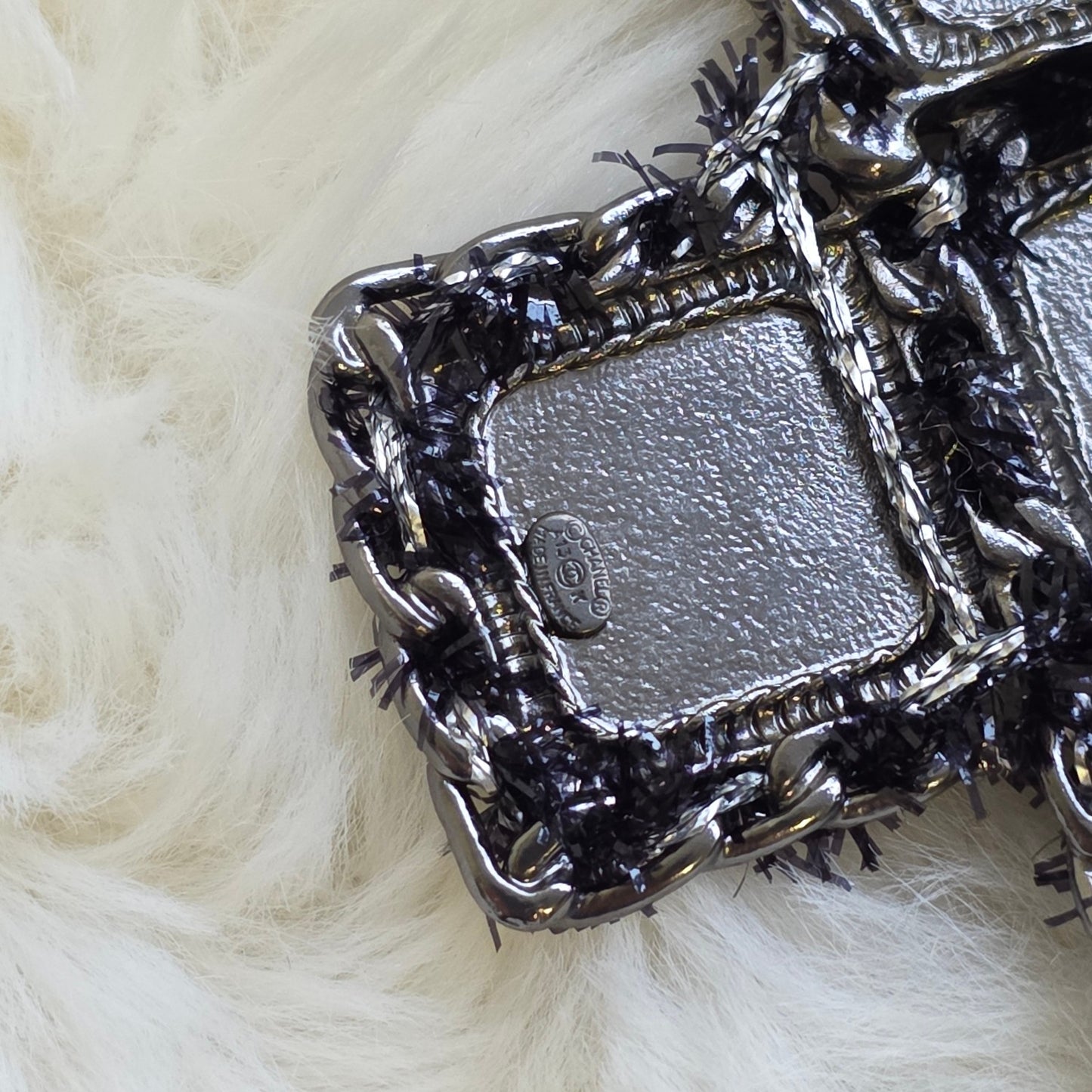 CHANEL CC Cross Tweed & Leather Brooch Silver Black (Pre-Owned)