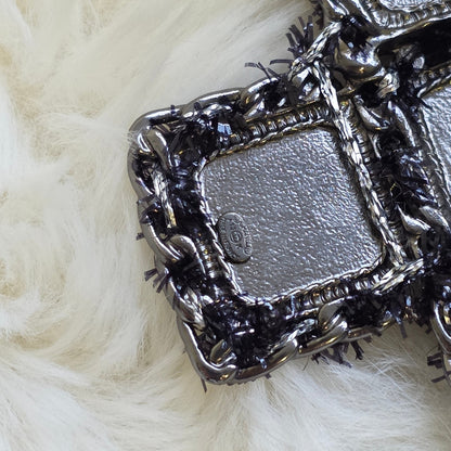 CHANEL CC Cross Tweed & Leather Brooch Silver Black (Pre-Owned)