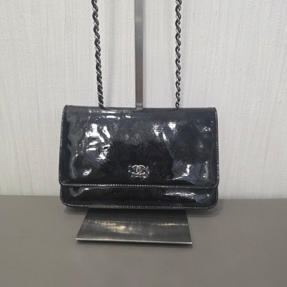 CHANEL Classic Flap Patent Leather Black Silver (Pre-Owned)