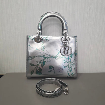 DIOR Lady Dior Floral Metallic Leather Silver (Pre-Owned)