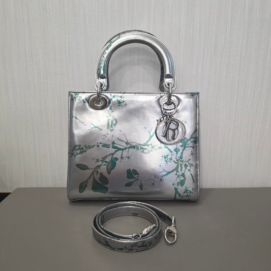 DIOR Lady Dior Floral Metallic Leather Silver (Pre-Owned)