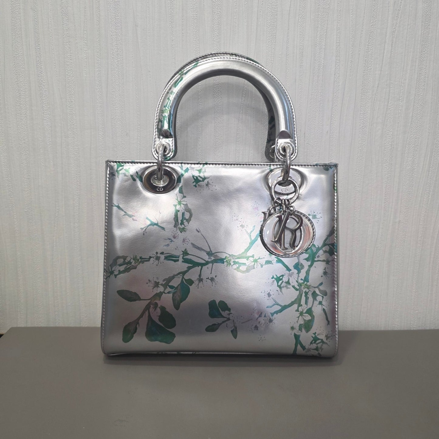 DIOR Lady Dior Floral Metallic Leather Silver (Pre-Owned)