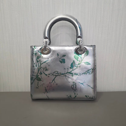 DIOR Lady Dior Floral Metallic Leather Silver (Pre-Owned)