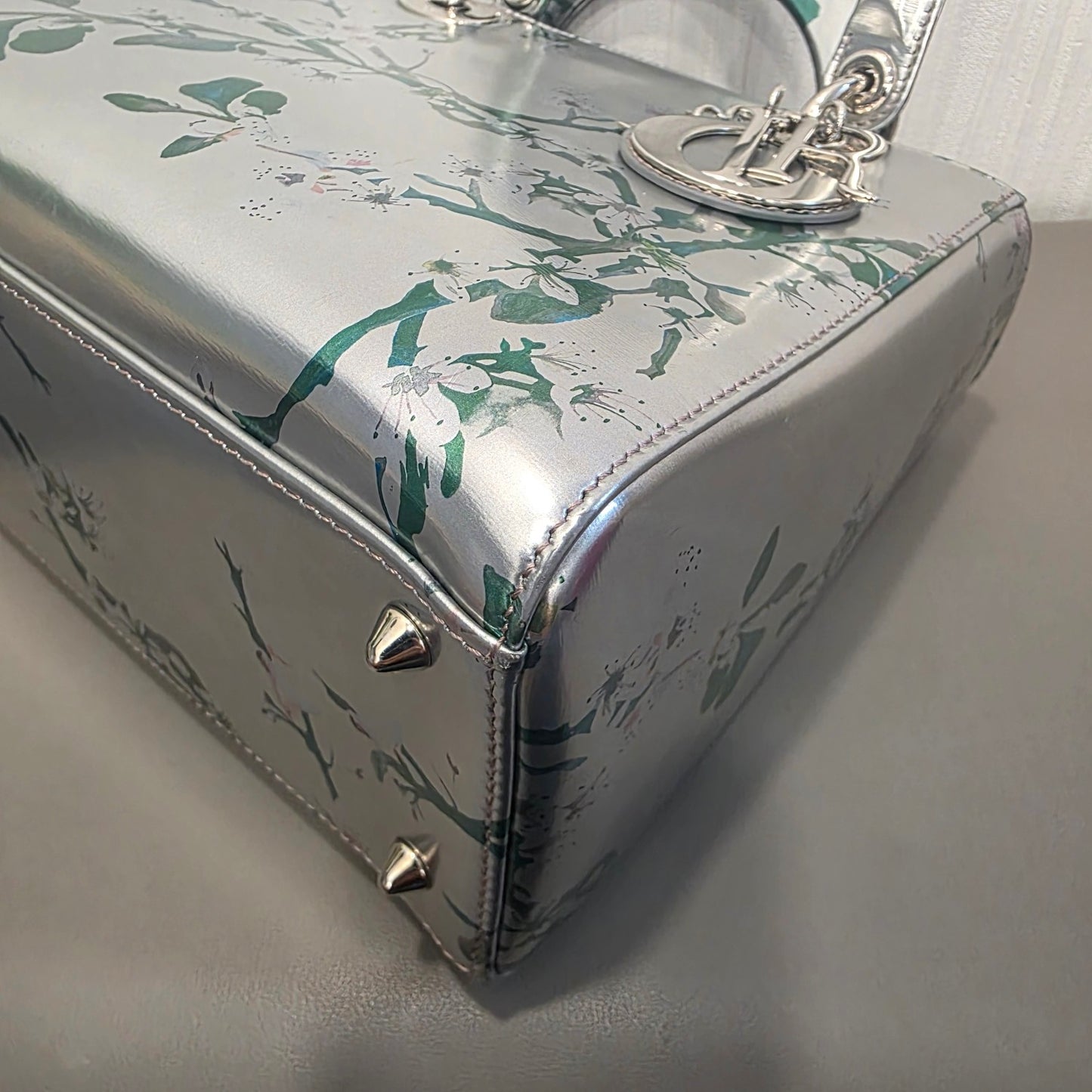 DIOR Lady Dior Floral Metallic Leather Silver (Pre-Owned)