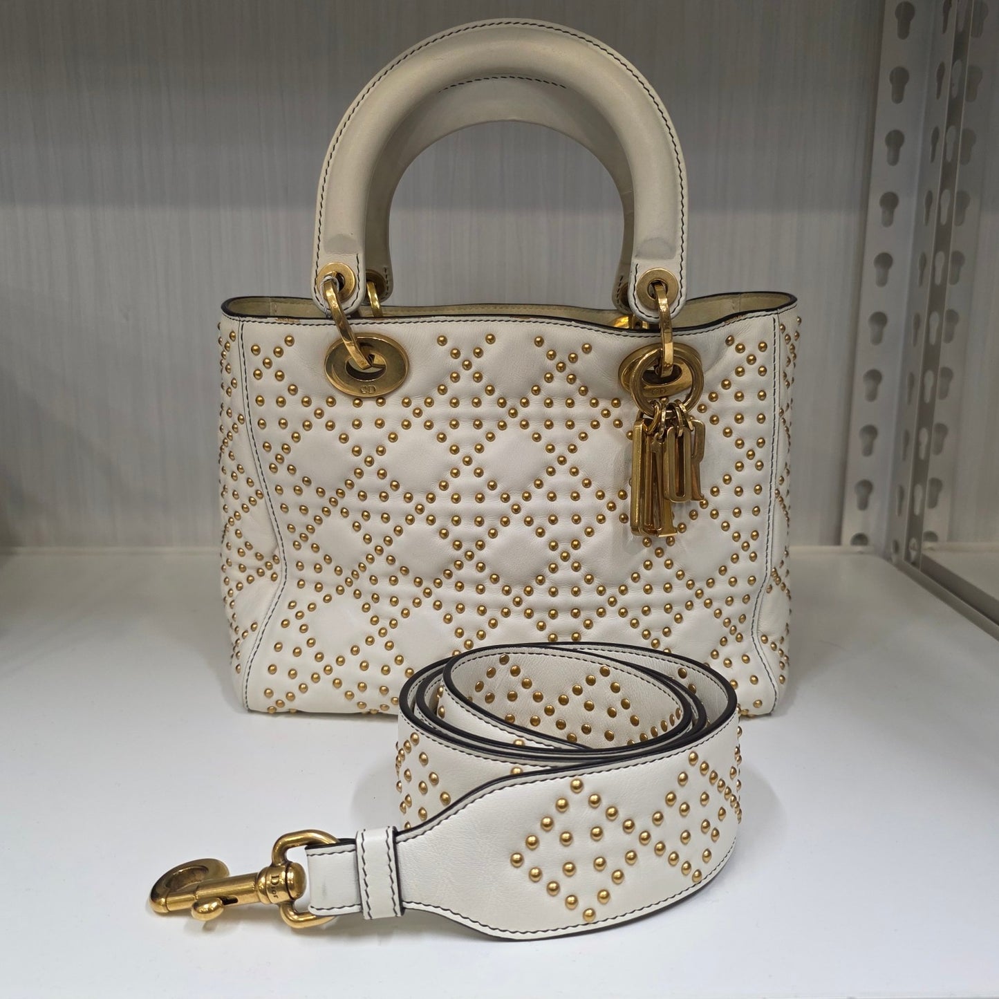 DIOR Lady Dior Studded Cannage Top Handle Bag White Leather (Pre-Owned)