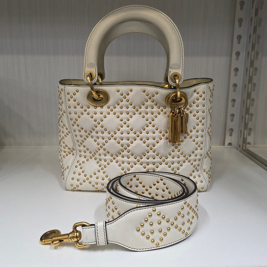 DIOR Lady Dior Studded Cannage Top Handle Bag White Leather (Pre-Owned)
