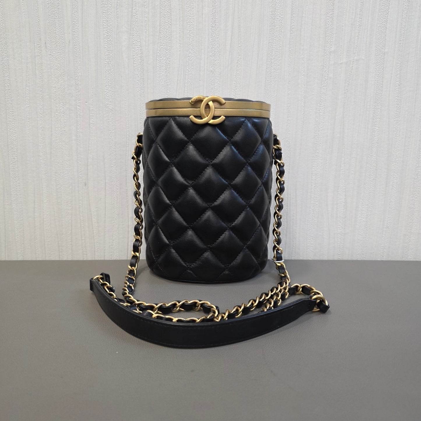 CHANEL Quilted Lambskin CC Cylinder Vanity Bag Black Gold Hardware (Pre-Owned)