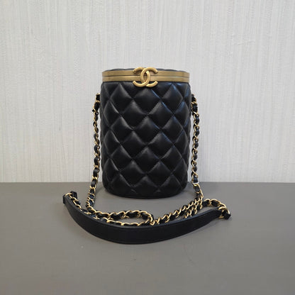 CHANEL Quilted Lambskin CC Cylinder Vanity Bag Black Gold Hardware (Pre-Owned)