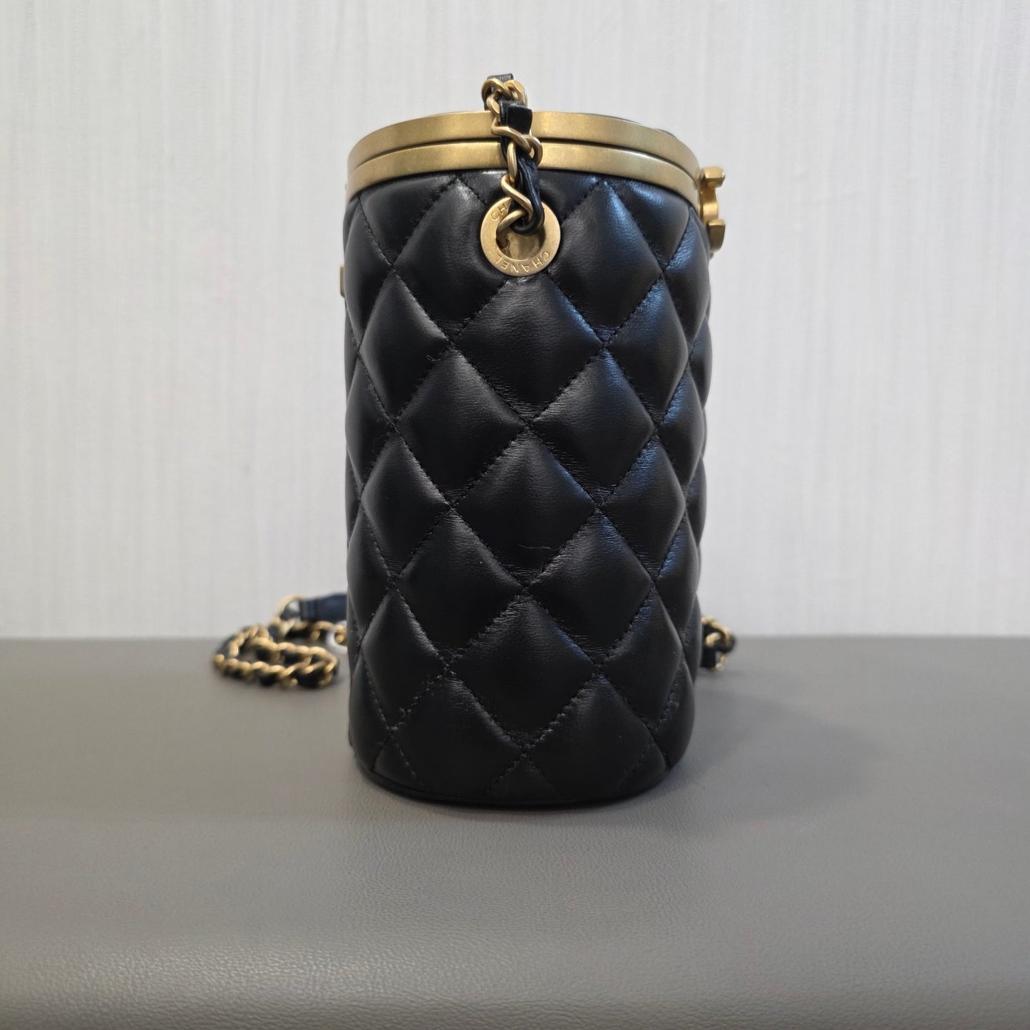 CHANEL Quilted Lambskin CC Cylinder Vanity Bag Black Gold Hardware (Pre-Owned)